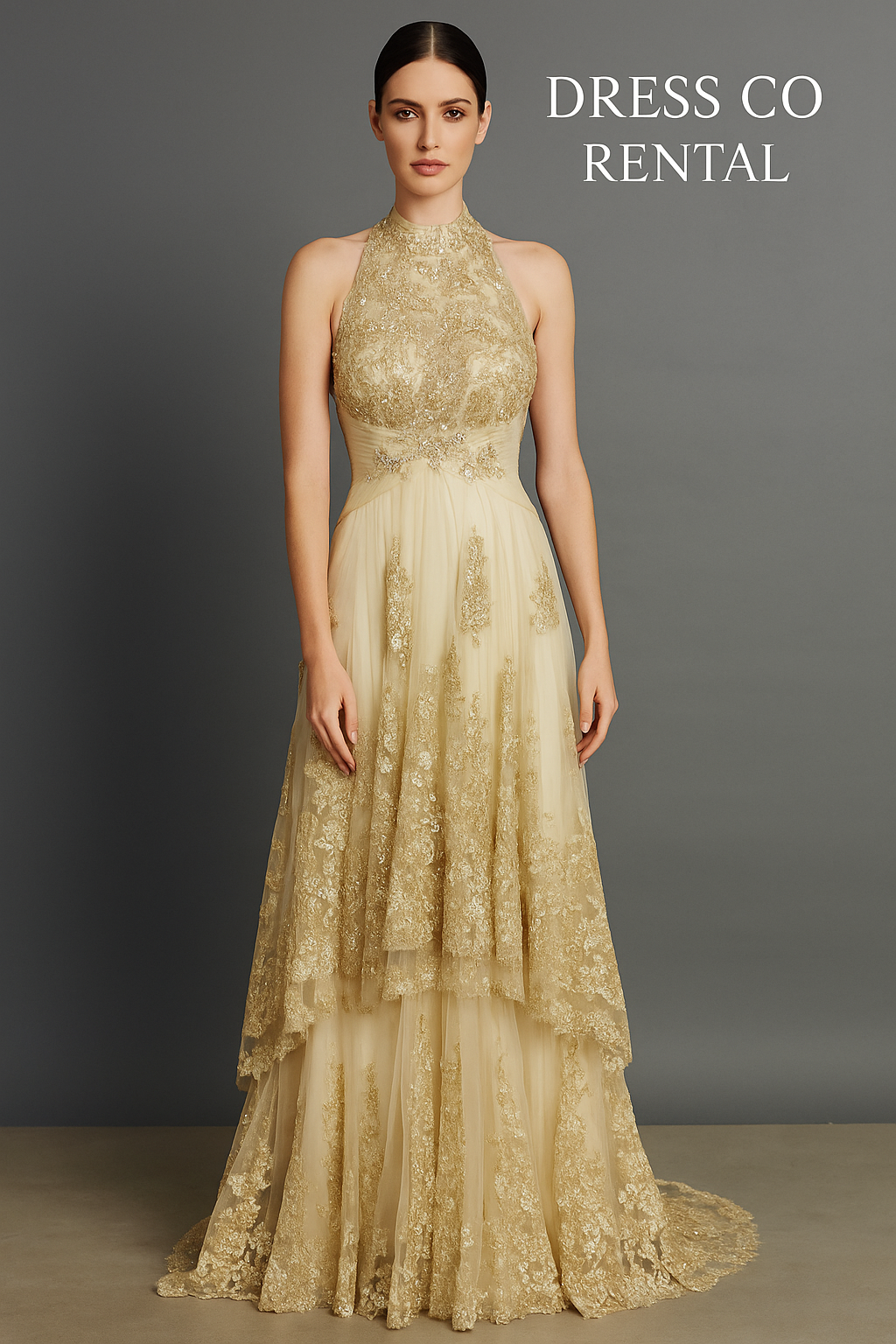 Gold Lace High-Neck Evening Gown / ชุดเดรสลูกไม้ทองคอปิดทรงยาว