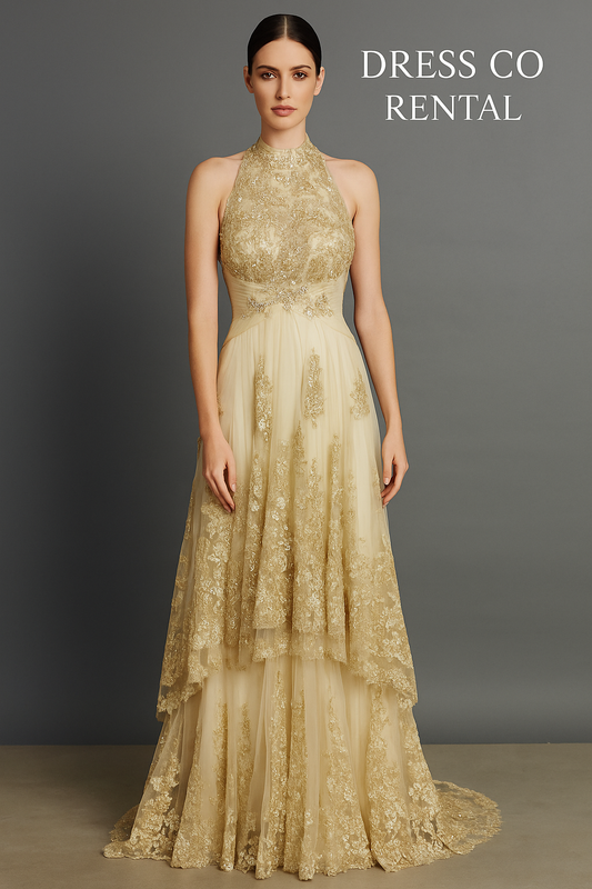 Gold Lace High-Neck Evening Gown / ชุดเดรสลูกไม้ทองคอปิดทรงยาว