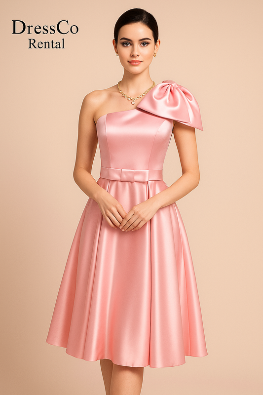 Pink Satin One-Shoulder Dress with Oversized Bow