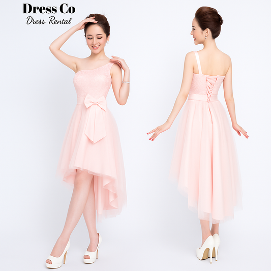 Asymmetrical Pink One-Shoulder High-Low Dress with Lace and Bow Detail