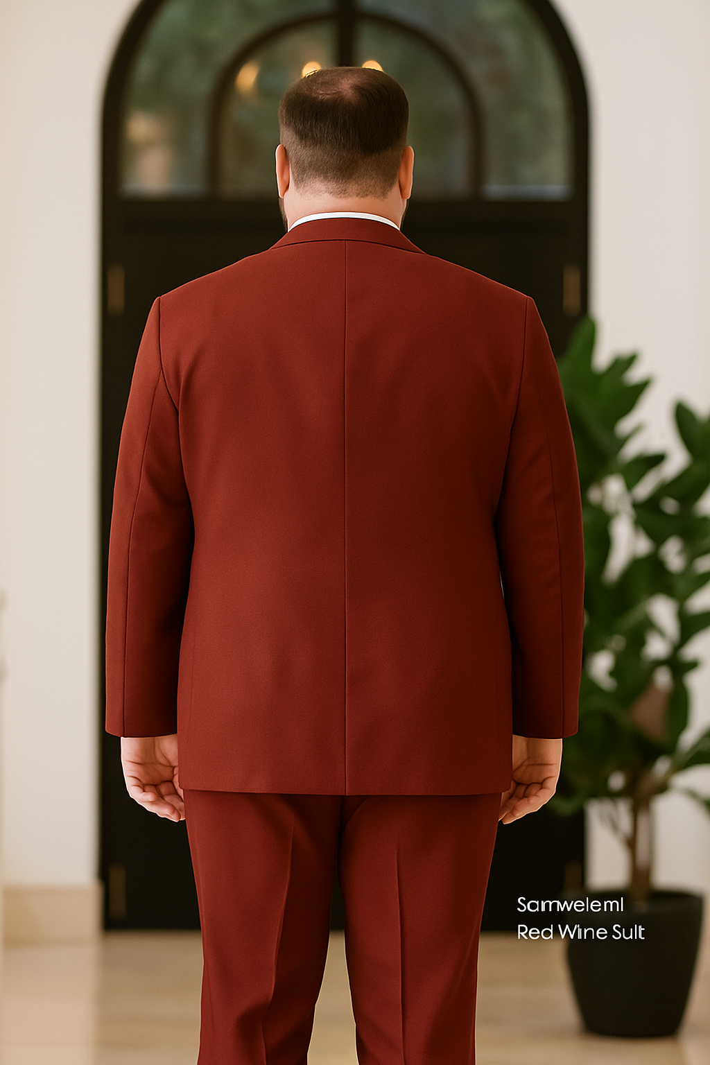 สูทเช่าตัดใหม่ สีแดงไวน์ ไซส์ใหญ่ – กระดุมเดี่ยว กระเป๋าปีก   Wine Red Plus-Size Suit – Single Button, Flap Pocket