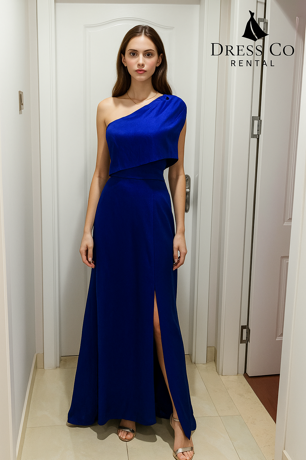 ชุดราตรีไหล่เดียวดีไซน์ระบายผ้าซาตินสีน้ำเงิน | Asymmetric Satin Drape Dress - Blue