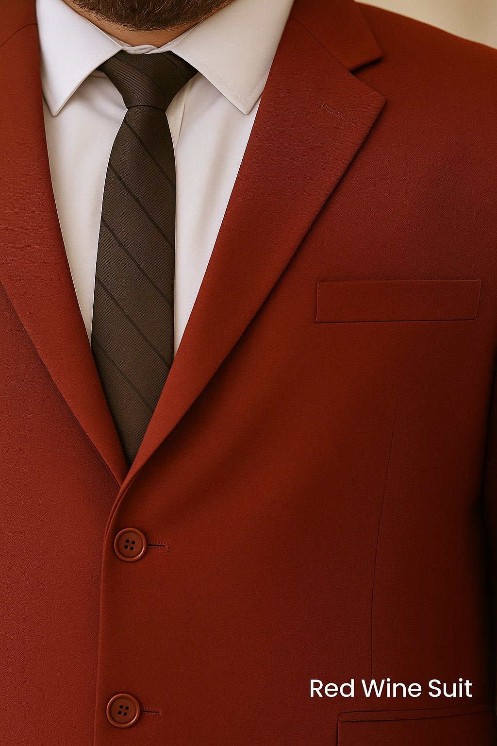 สูทเช่าตัดใหม่ สีแดงไวน์ ไซส์ใหญ่ – กระดุมเดี่ยว กระเป๋าปีก   Wine Red Plus-Size Suit – Single Button, Flap Pocket