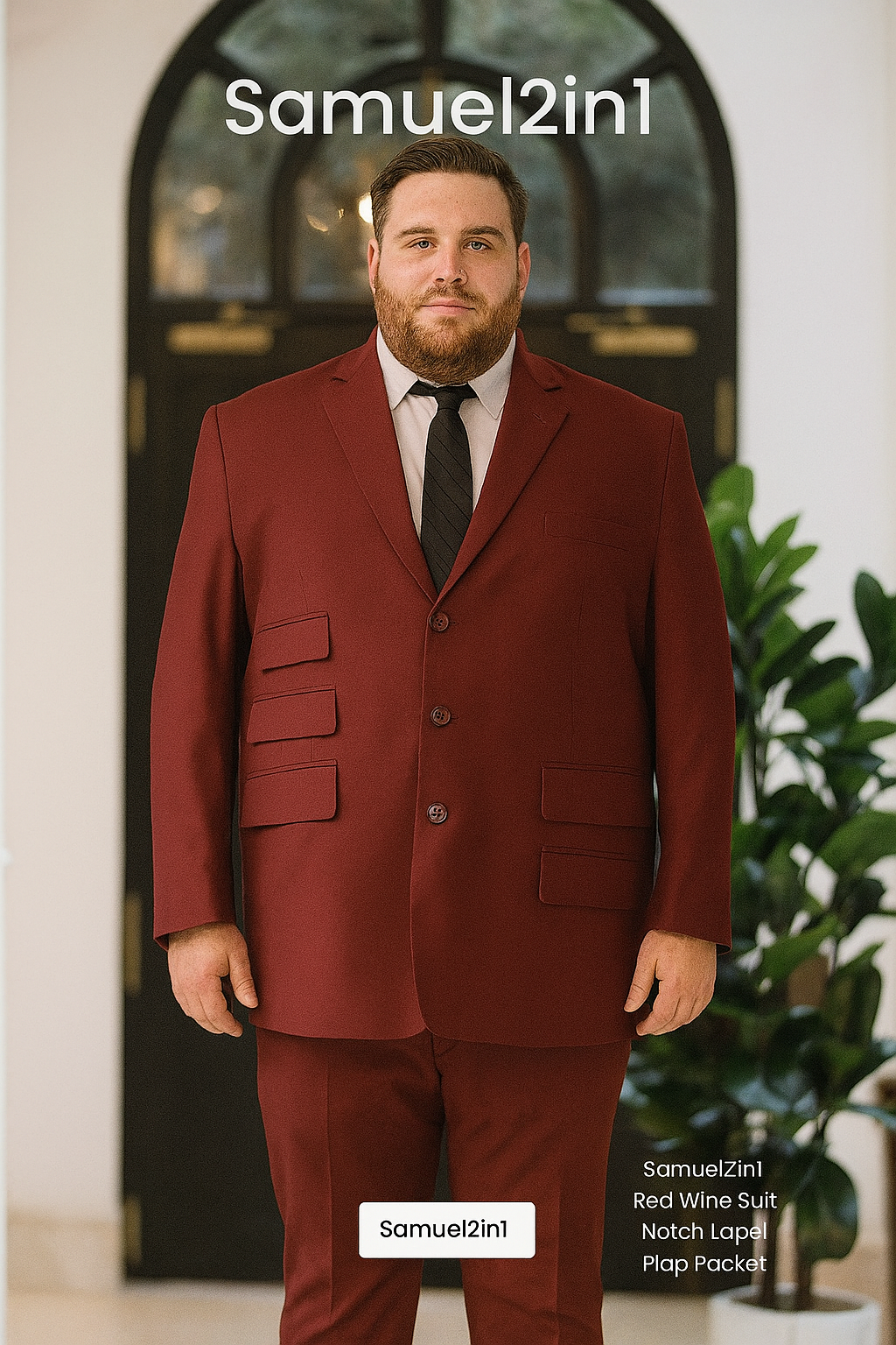 สูทเช่าตัดใหม่ สีแดงไวน์ ไซส์ใหญ่ – ปกบาก กระเป๋าหลายช่อง   Wine Red Plus-Size Suit – Notch Lapel with Multi Flap Pockets