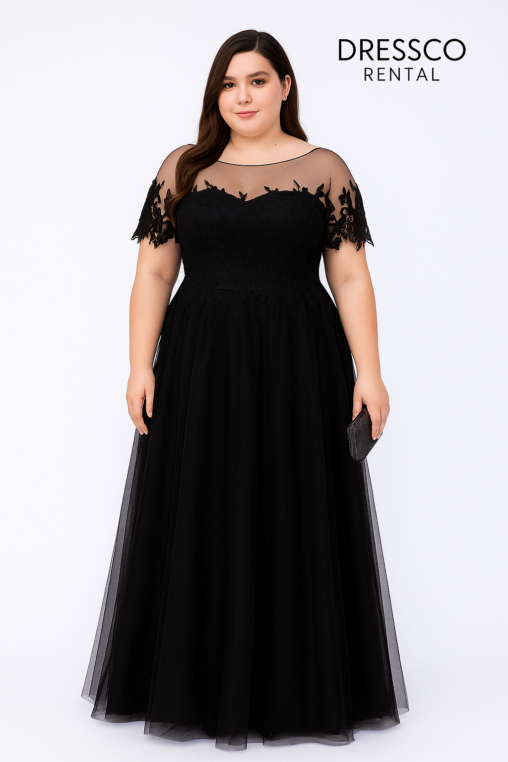 Black Sheer Lace Evening Dress with Short Sleeves