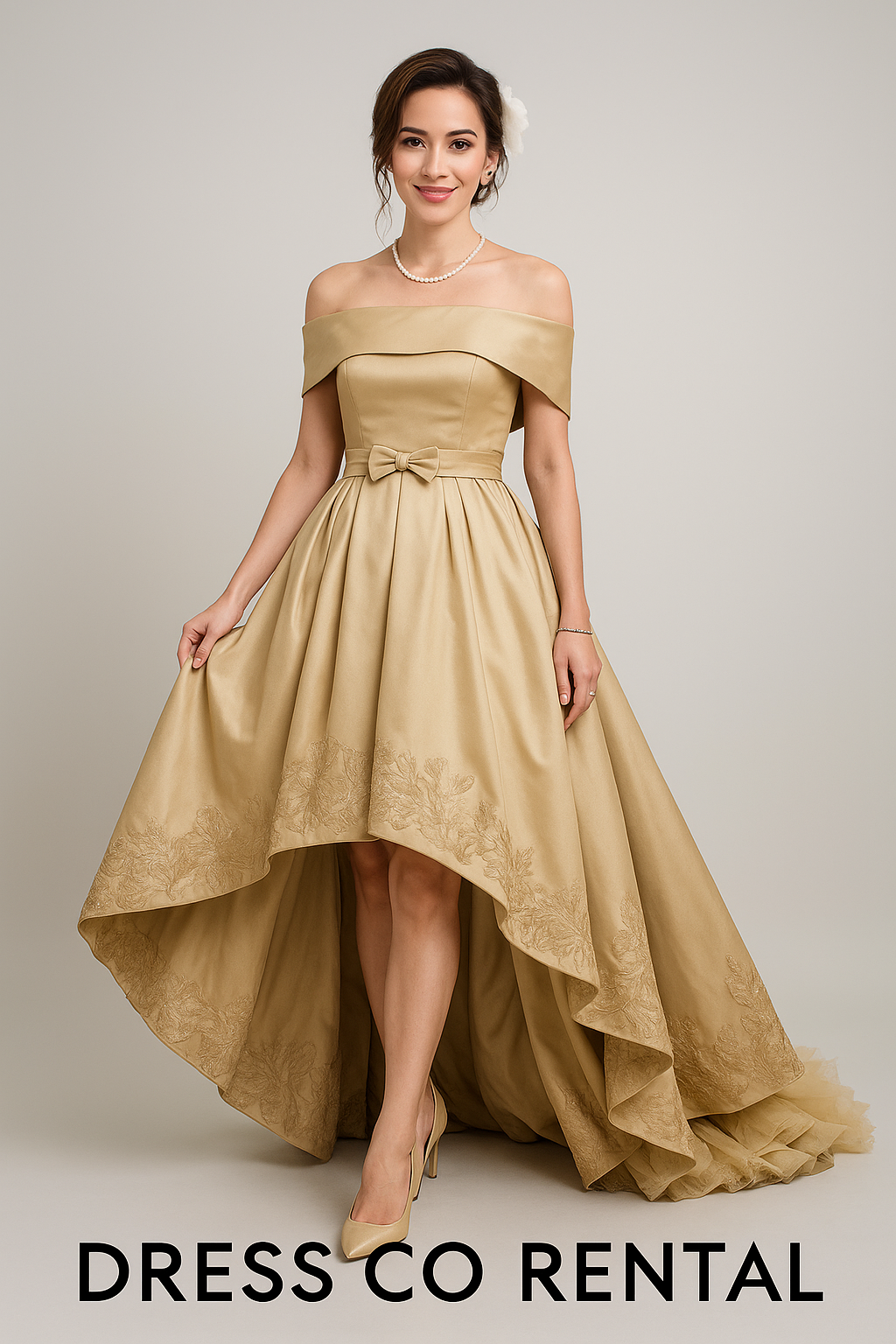 เดรสออกงานสีทองดีไซน์ระบายหรู/Elegant Gold Ruffled Evening Dress