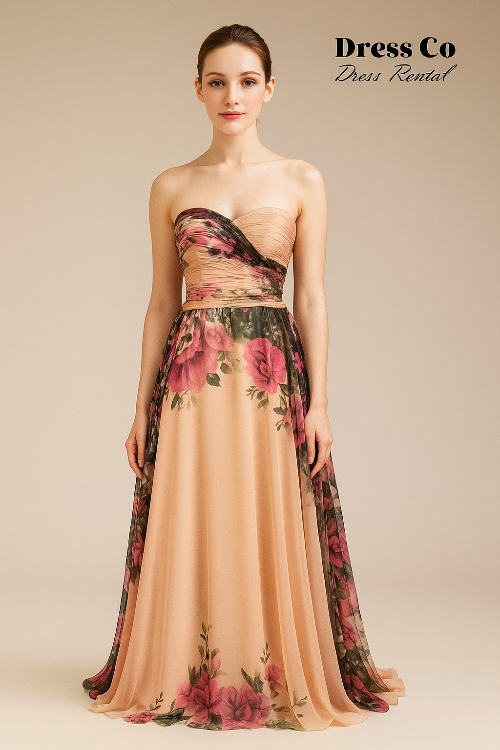 เดรสสายเดี่ยวลายดอกพีช | Floral Peach Chiffon Gown