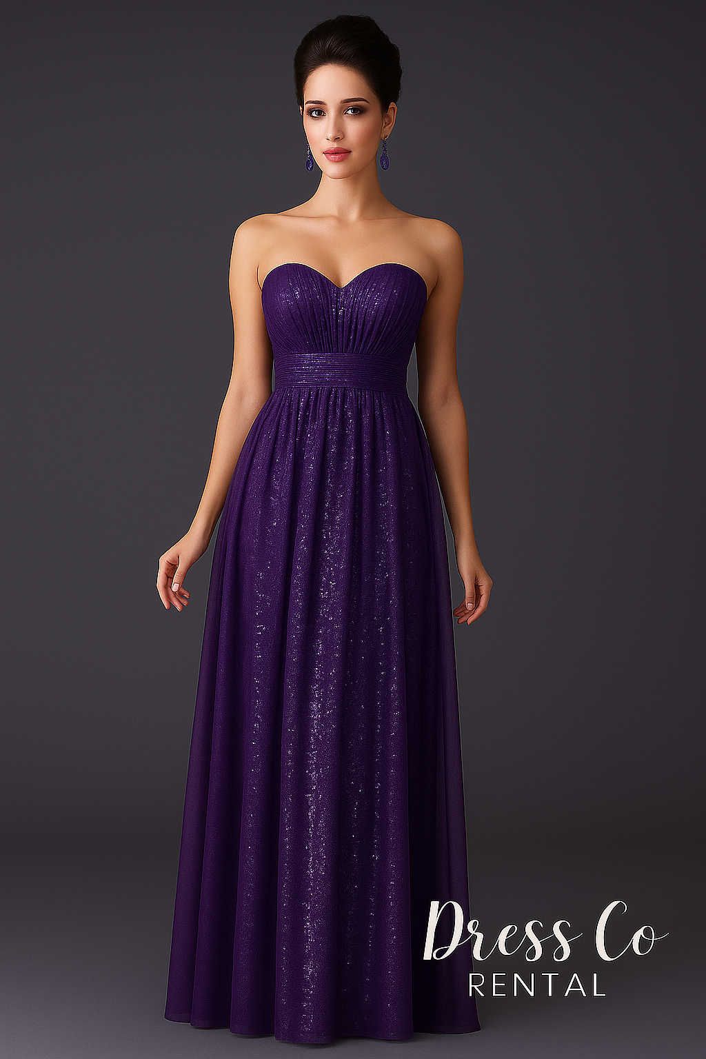 Purple strapless long evening dress made of sparkling glitter fabric