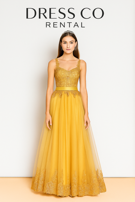 ชุดราตรีลูกไม้ปักทอง / Gold Lace & Tulle Overlay Dress
