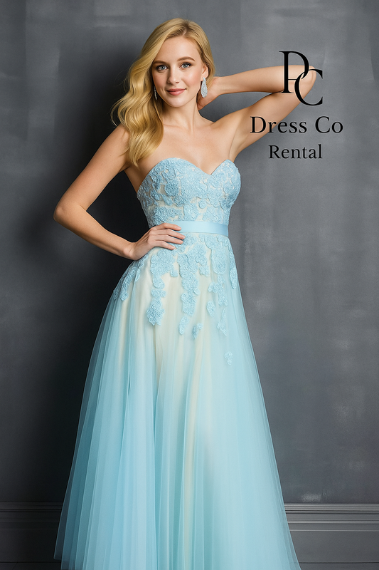 Blue Embroidered Strapless Dress