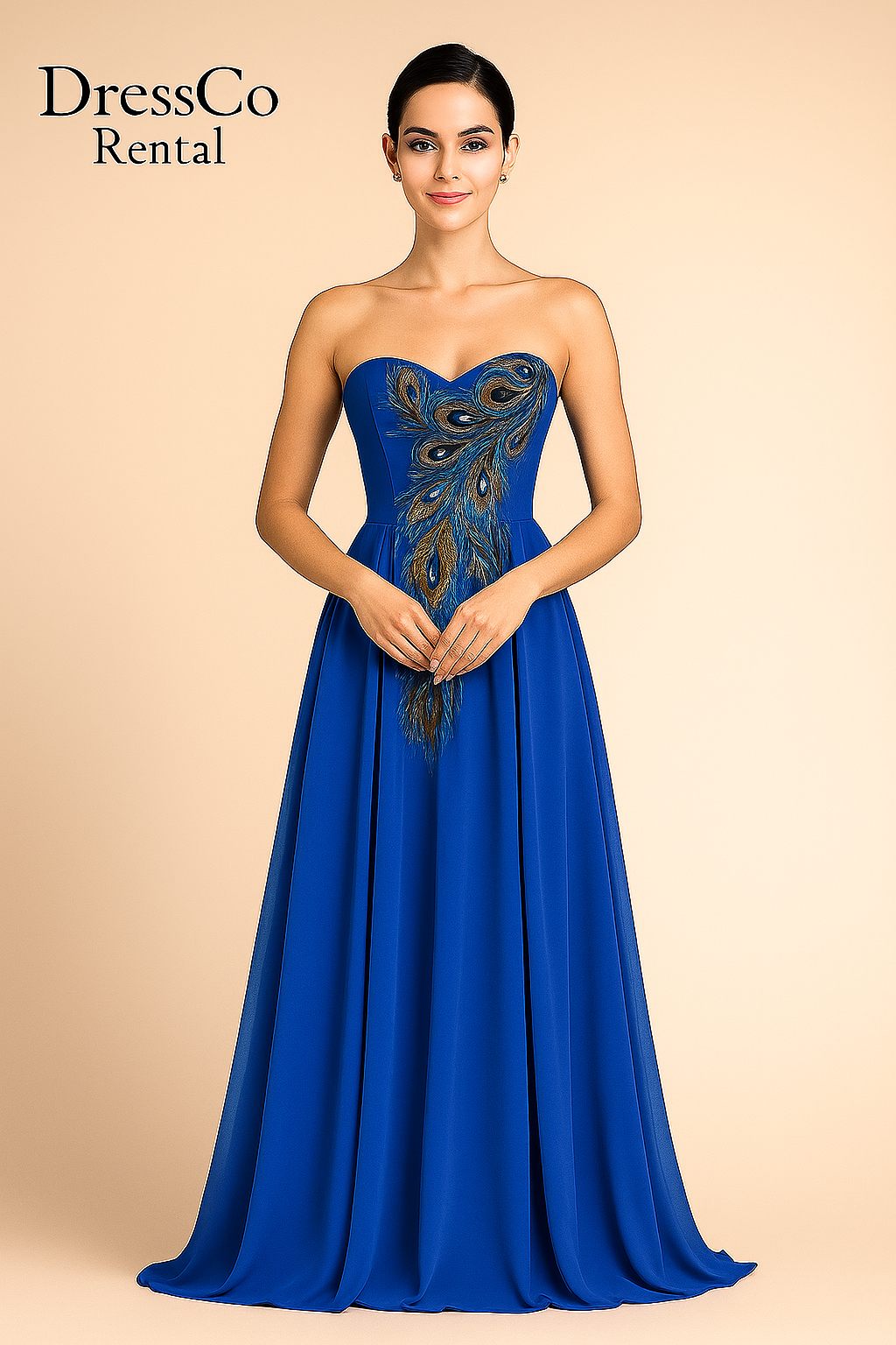 Royal blue peacock feather embroidered strapless long evening dress