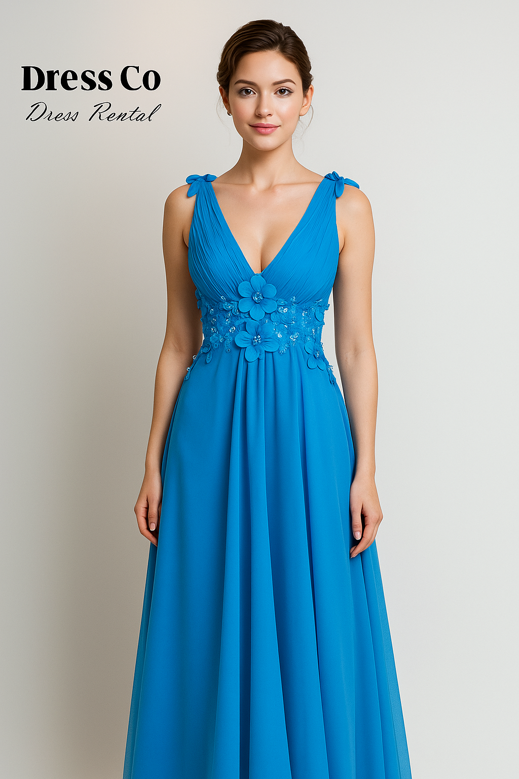 Blue V-Neck Floral Gown