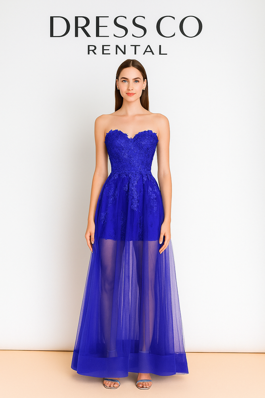 ชุดราตรีลูกไม้ซีทรูสีน้ำเงิน | Lace Sheer Evening Dress - Blue
