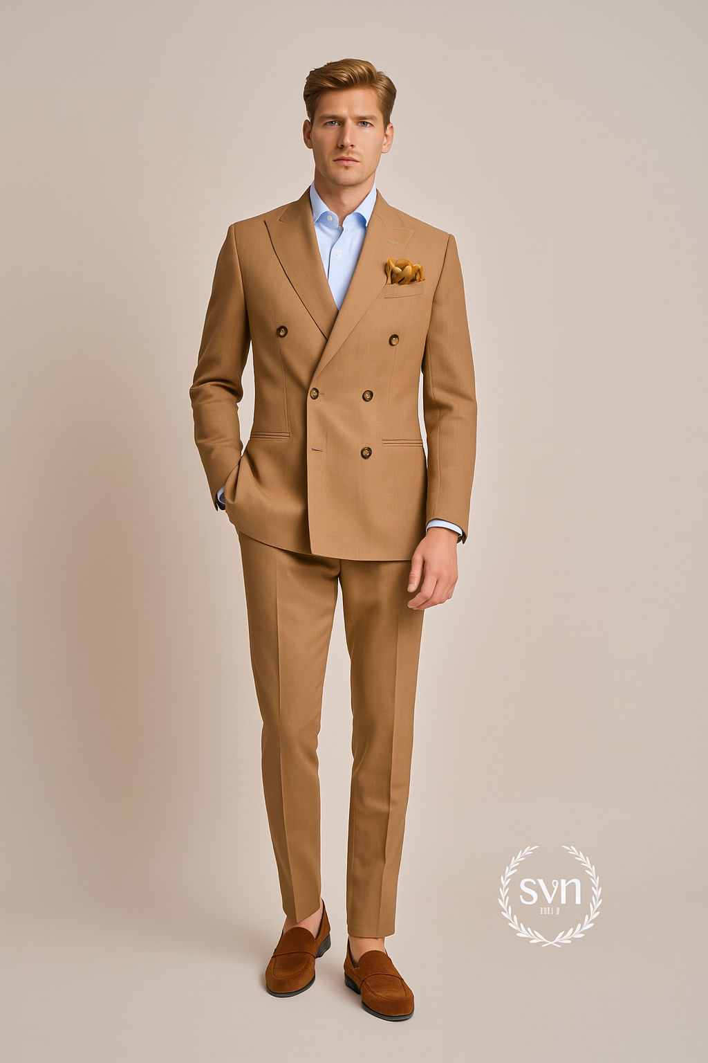 สูทเจ้าบ่าวเช่าตัดใหม่ สีคาราเมลทอง ทรงหรูหรา | Caramel Gold Groom Suit for Rent