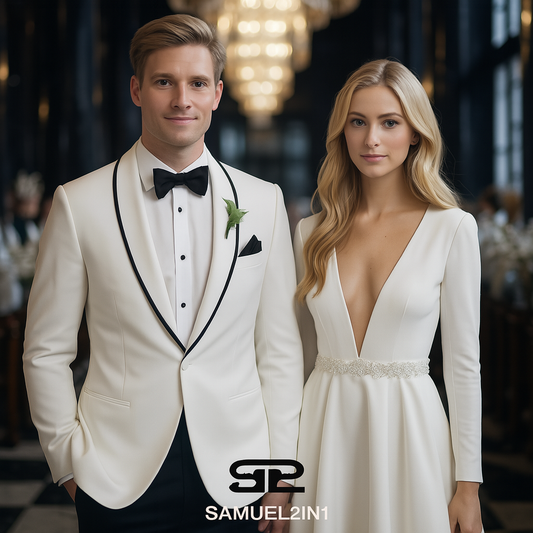 สูทเจ้าบ่าวสีขาวปกดำ (เช่าตัดใหม่) | White Tuxedo with Black Lapel – Custom Rental for Groom | Samuel2in1