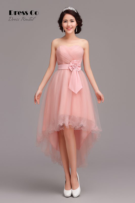 Pink Strapless High-Low Dress with Waist Bow