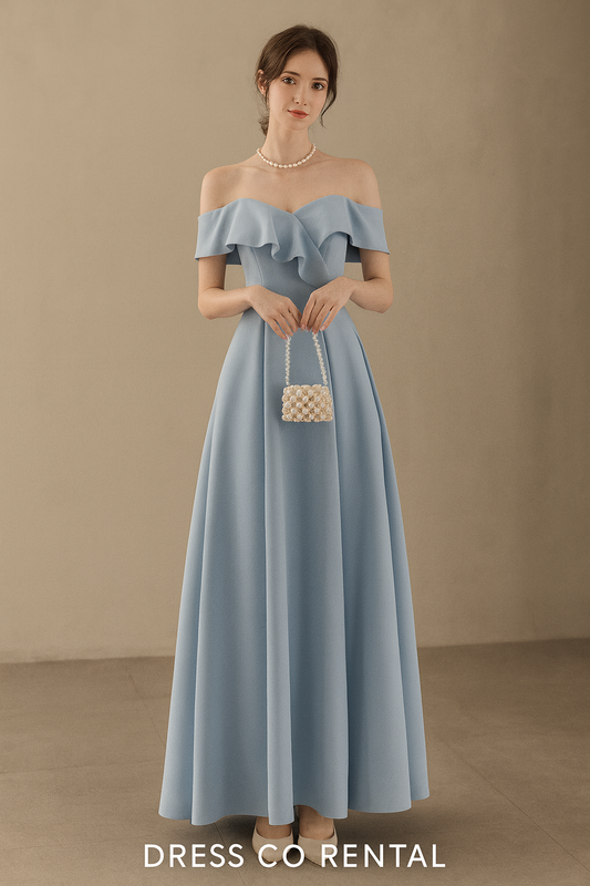 เดรสยาวเปิดไหล่สีฟ้า ดีไซน์ระบายหรูหรา – Size M