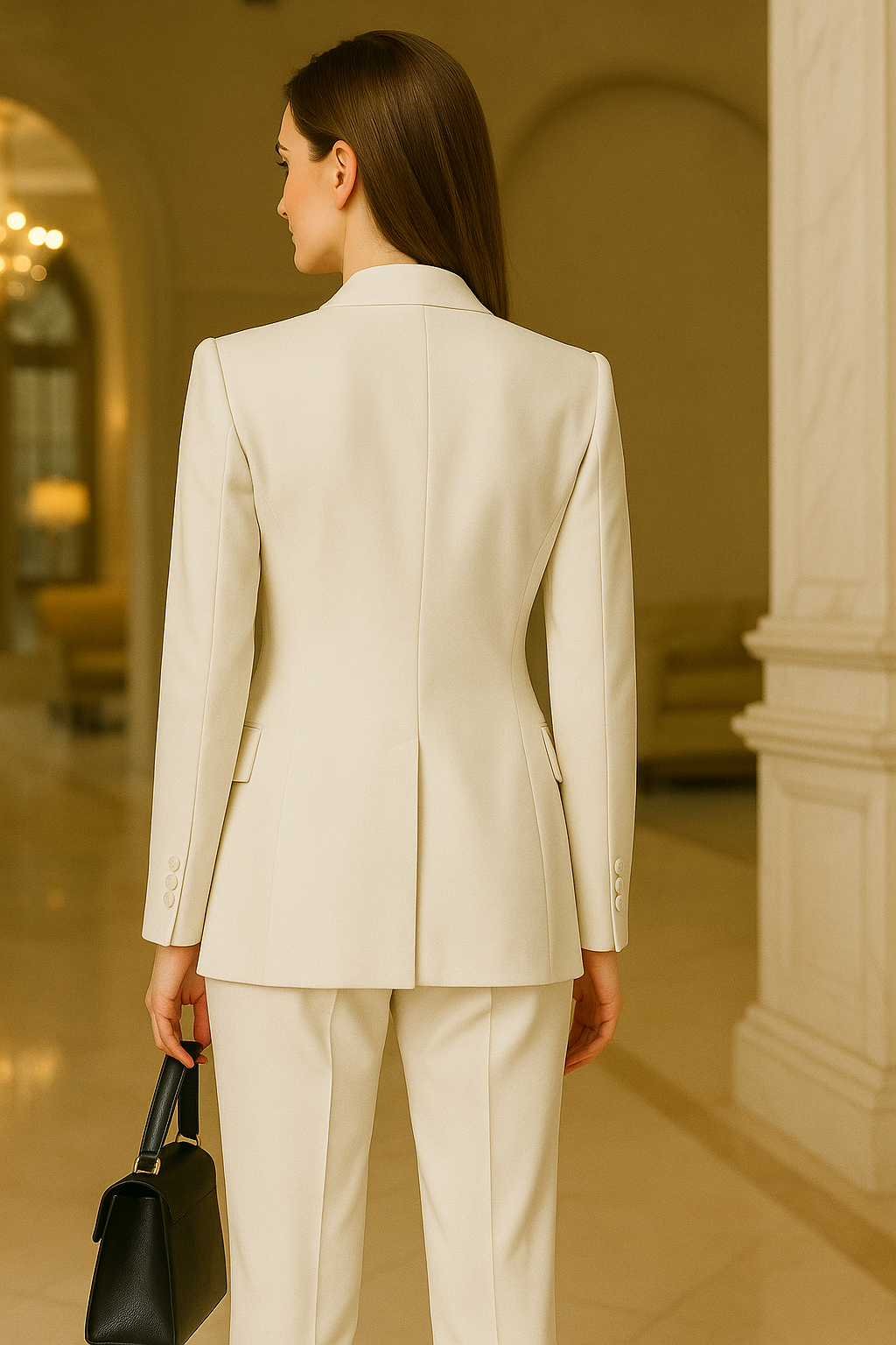 สูทผู้หญิงสีขาว กระดุมคู่ – Made to Order | Dress Co Rental
