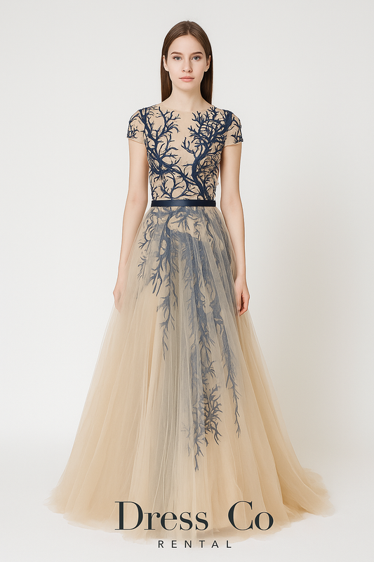 Sheer Blue Embroidered Tulle Dress / ชุดเดรสลูกไม้โปร่งปักลายฟ้า