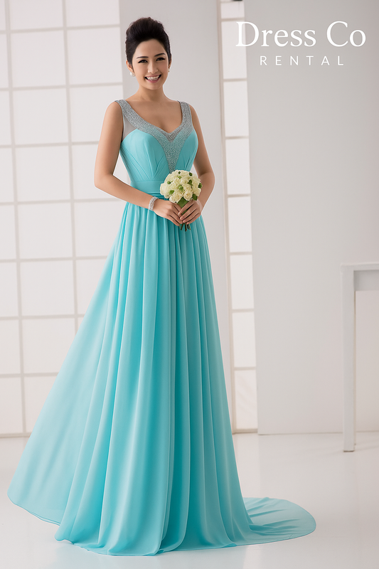 Turquoise Evening Dress with Mesh