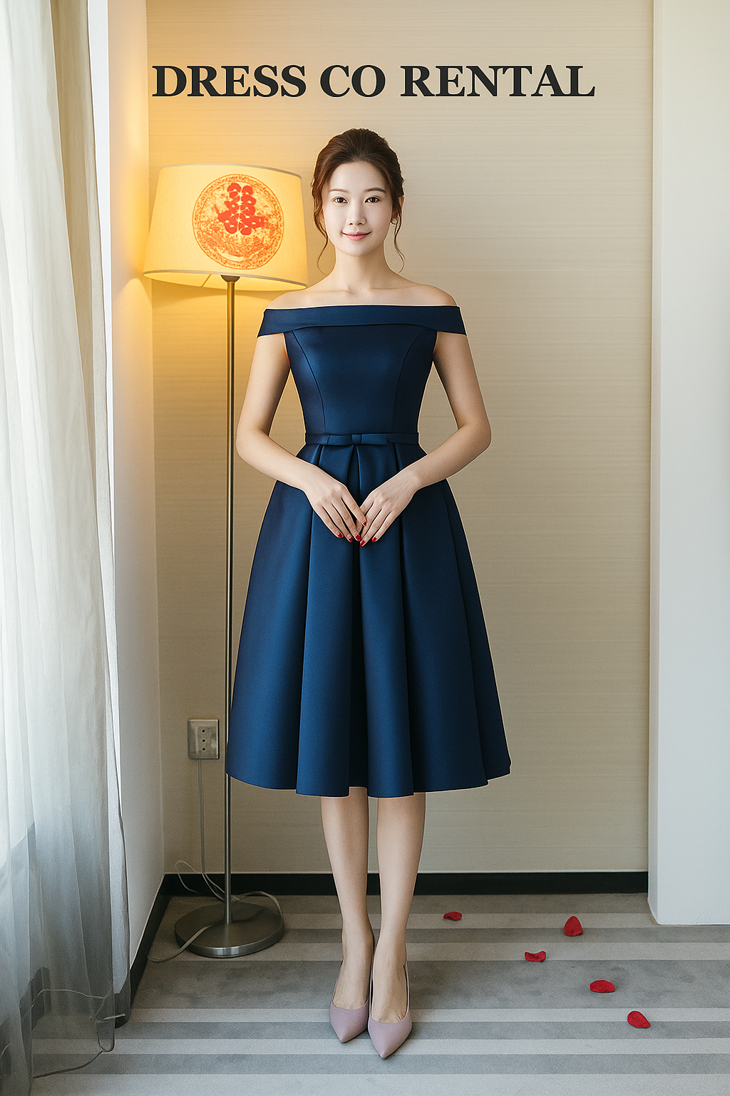 ชุดเดรสเปิดไหล่ทรงเอลิแกนท์สีน้ำเงิน | Navy Criss-Cross Back Dress