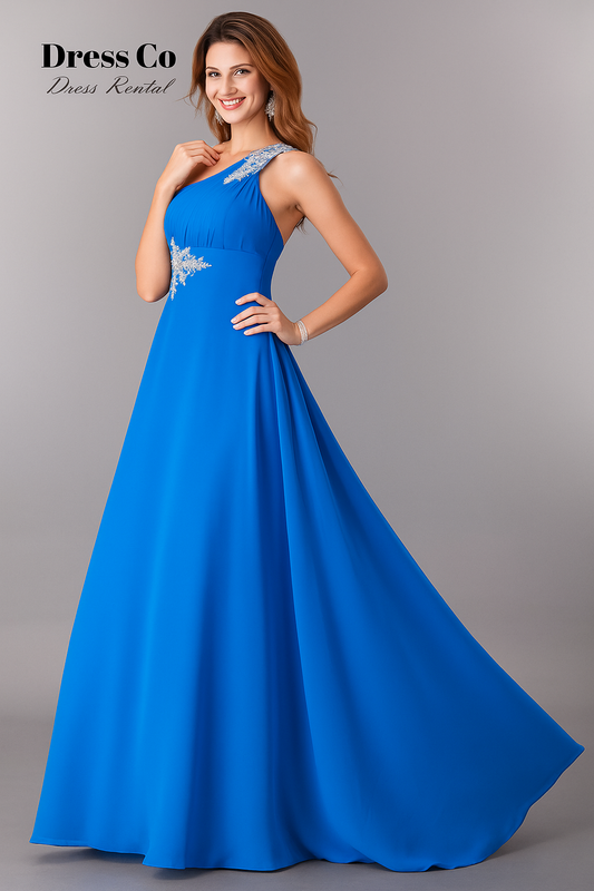 Blue One-Shoulder Embellished Gown | ชุดราตรียาวสีฟ้า ไหล่เดียวแต่งคริสตัล