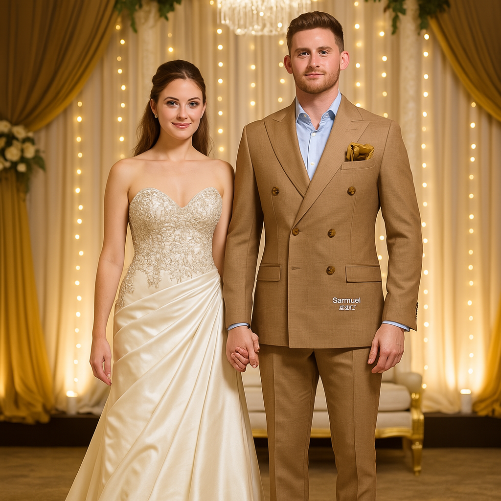 สูทเจ้าบ่าวเช่าตัดใหม่ สีคาราเมลทอง ทรงหรูหรา | Caramel Gold Groom Suit for Rent