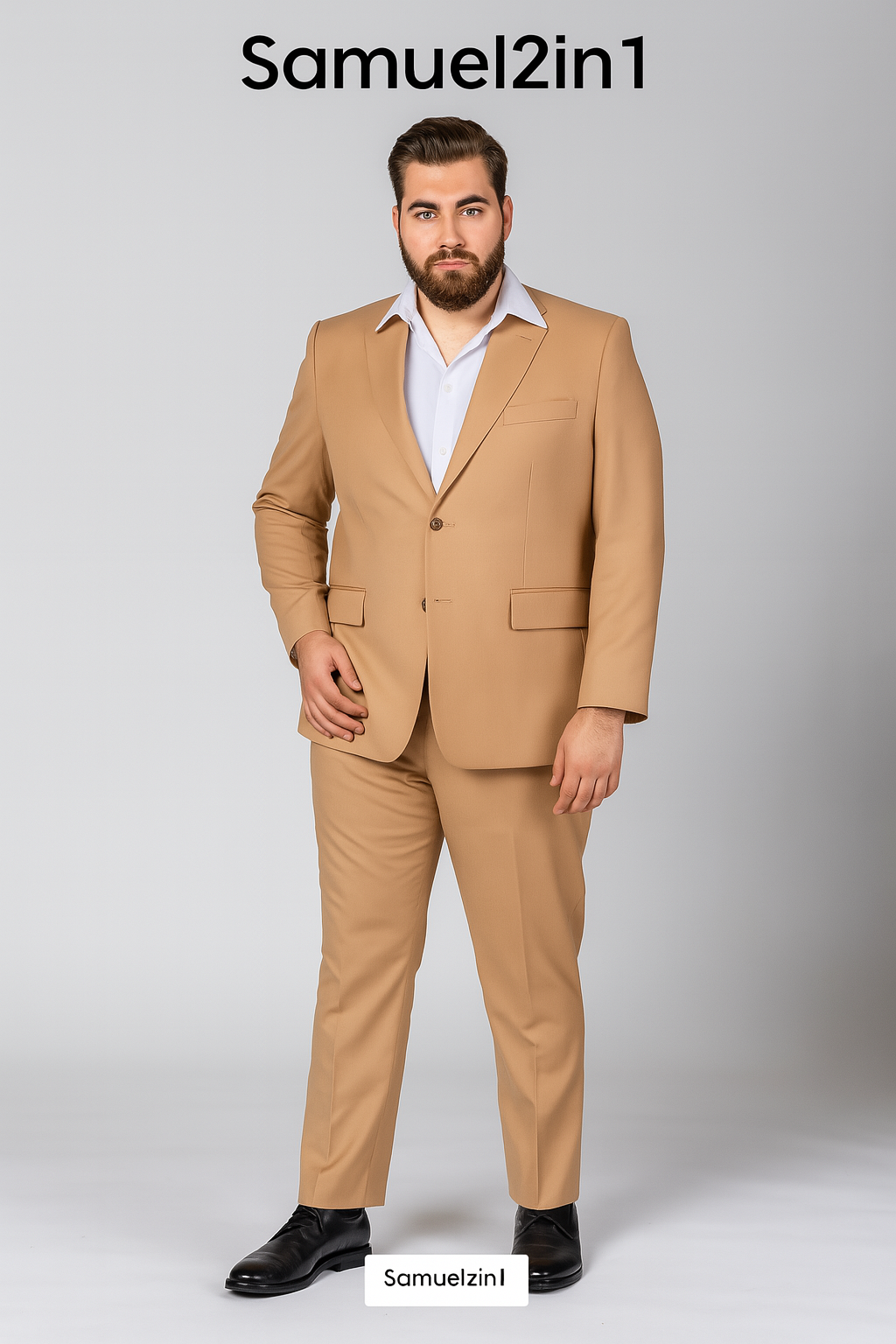 สูทเช่าตัดใหม่ สีครีม ไซส์ใหญ่ 3XL–6XL – คอปกเรียบ กระเป๋าฝา   Cream Plus-Size Suit (3XL–6XL) – Notch Lapel, Flap Pocket