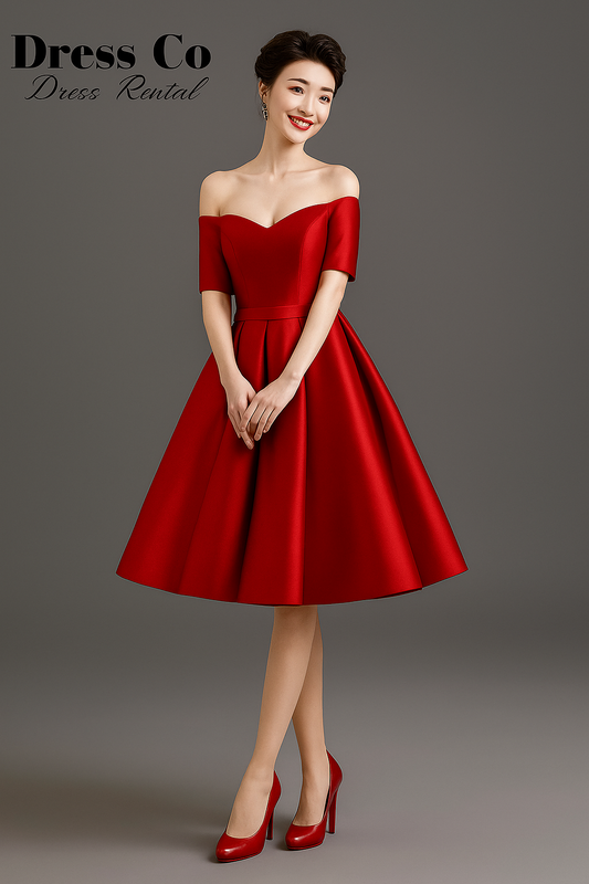 เดรสเปิดไหล่สีแดงทรงบาน / Red Off-Shoulder Satin Dress
