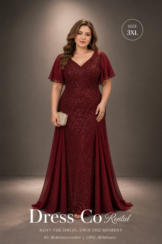 ชุดราตรียาวพลัสไซซ์สีแดงไวน์ ปักเลื่อมคอวี 3XL | Wine Red Sequin Plus Size Evening Dress