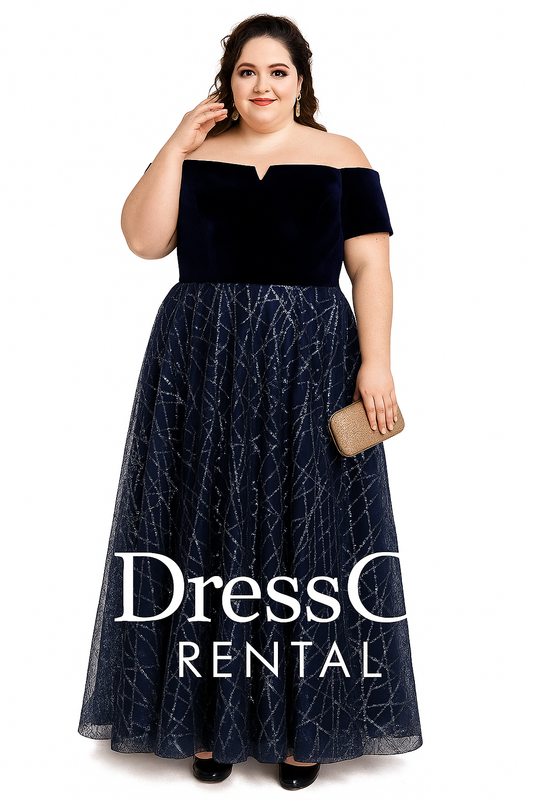 เดรสเปิดไหล่สีน้ำเงินเข้ม ปักเลื่อมหรู / Navy Blue Off-Shoulder Sequin Embellished Dress
