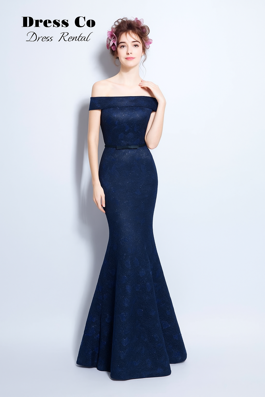 Navy Off-Shoulder Lace Mermaid Gown