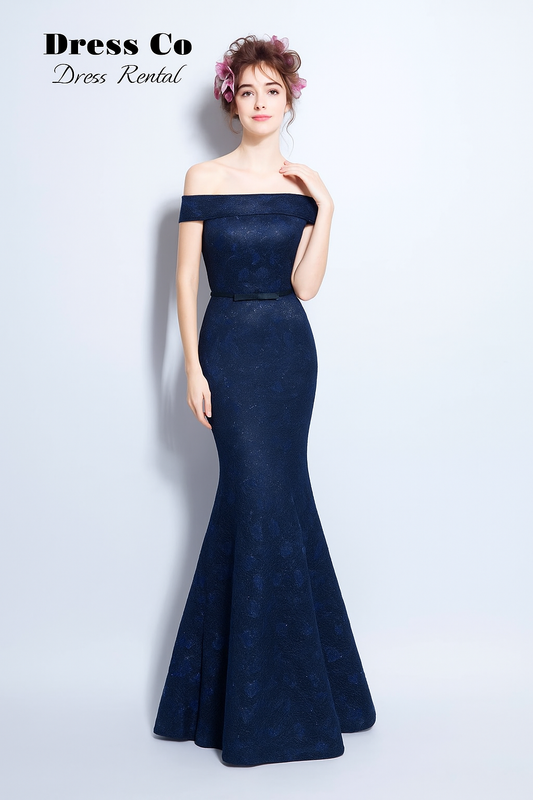 ชุดราตรีเปิดไหล่ทรงเมอร์เมดลูกไม้ | Navy Off-Shoulder Lace Mermaid Gown