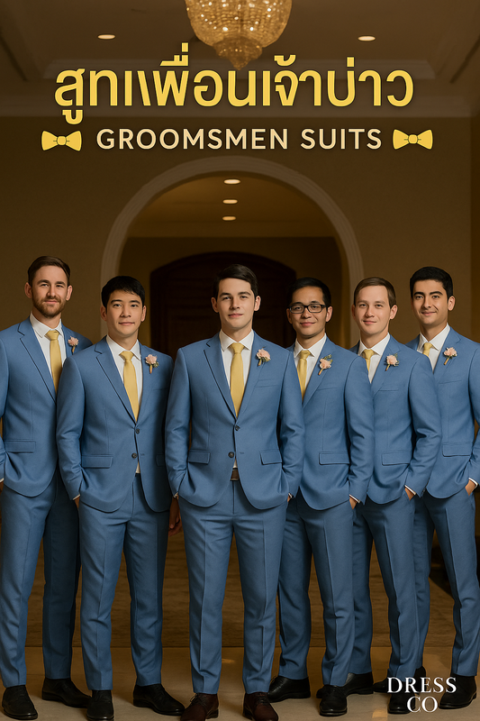 สูทเพื่อนเจ้าบ่าว, เช่าสูทแต่งงาน, สูทสีฟ้า, สูทกลุ่ม, groomsmen suits, light blue suit, wedding suit rental, rent men’s suit, ชุดเพื่อนเจ้าบ่าว, สูทตัดใหม่, Dress Co Rental