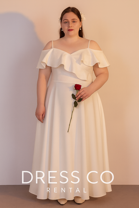 เดรสออกงานพลัสไซส์ สีขาวดีไซน์ระบายไหล่ (Size 3XL)