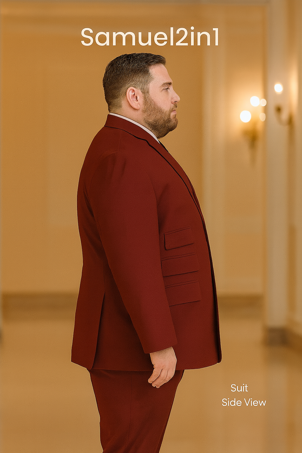 สูทเช่าตัดใหม่ สีแดงไวน์ ไซส์ใหญ่ – ปกบาก กระเป๋าหลายช่อง   Wine Red Plus-Size Suit – Notch Lapel with Multi Flap Pockets