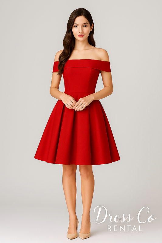 เดรสแดงเปิดไหล่ทรงสวย / Red Off-Shoulder Satin Dress