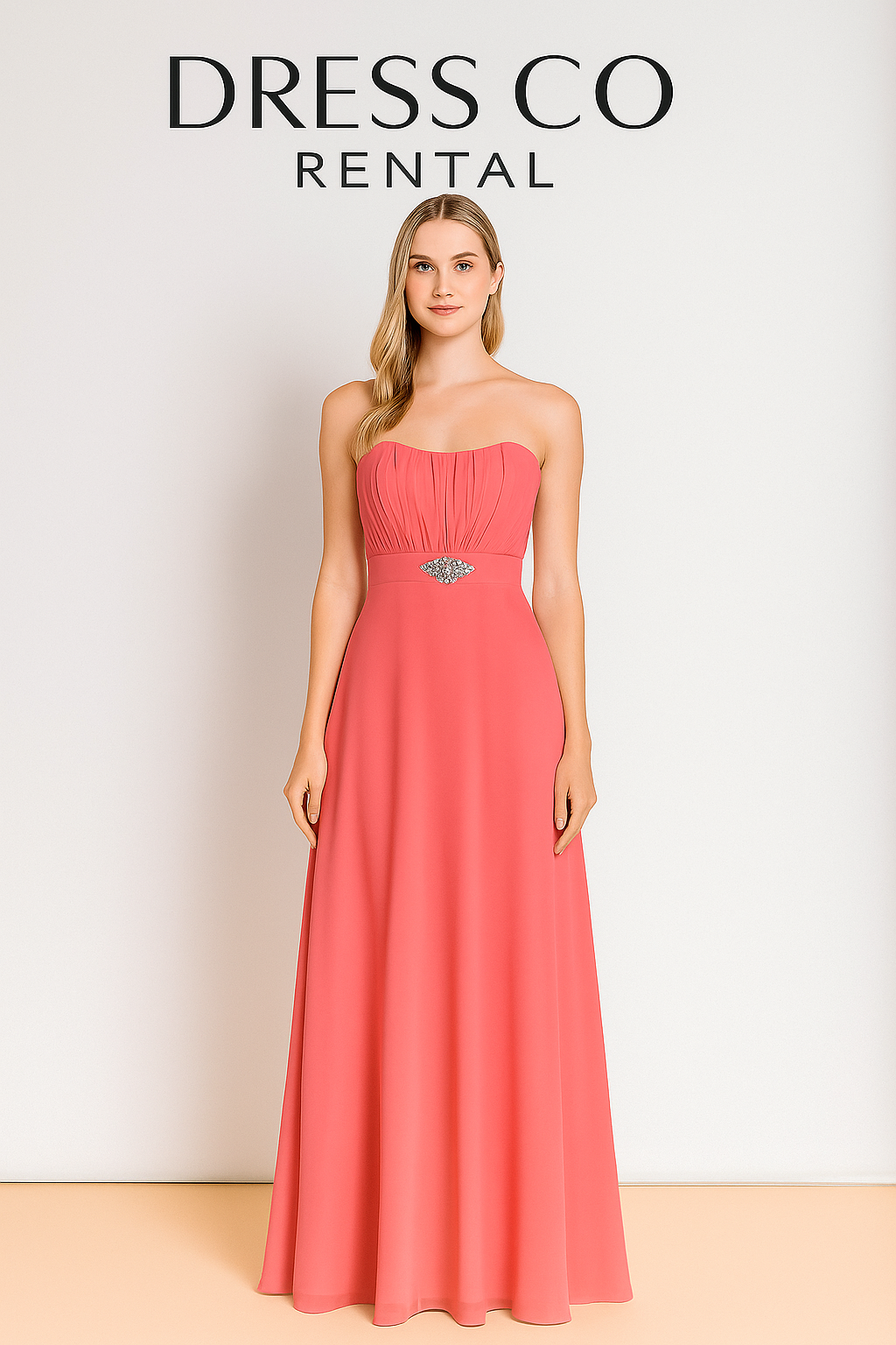 ชุดราตรีชมพูพีชประดับคริสตัล / Coral Crystal Waist Dress