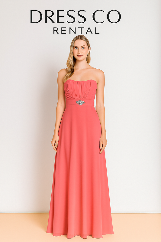 ชุดราตรีชมพูพีชประดับคริสตัล / Coral Crystal Waist Dress