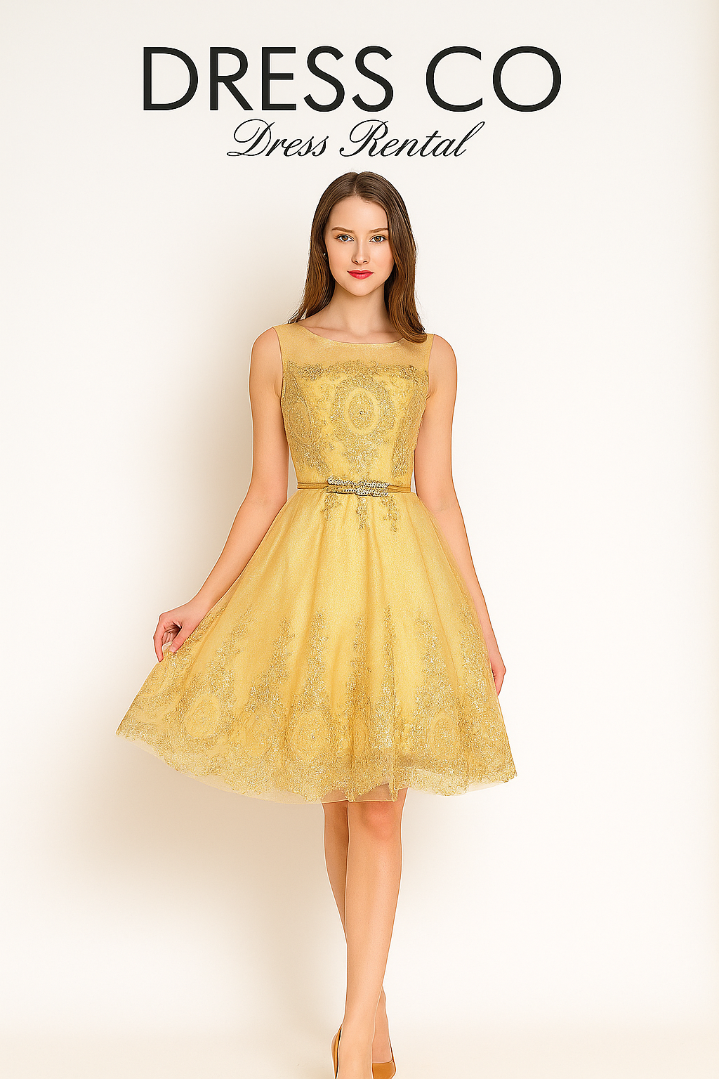 เดรสครีมทอง ปักลายหรู แขนกุด ทรงเอไลน์/Gold Cream Sleeveless Embroidered A-Line Dress