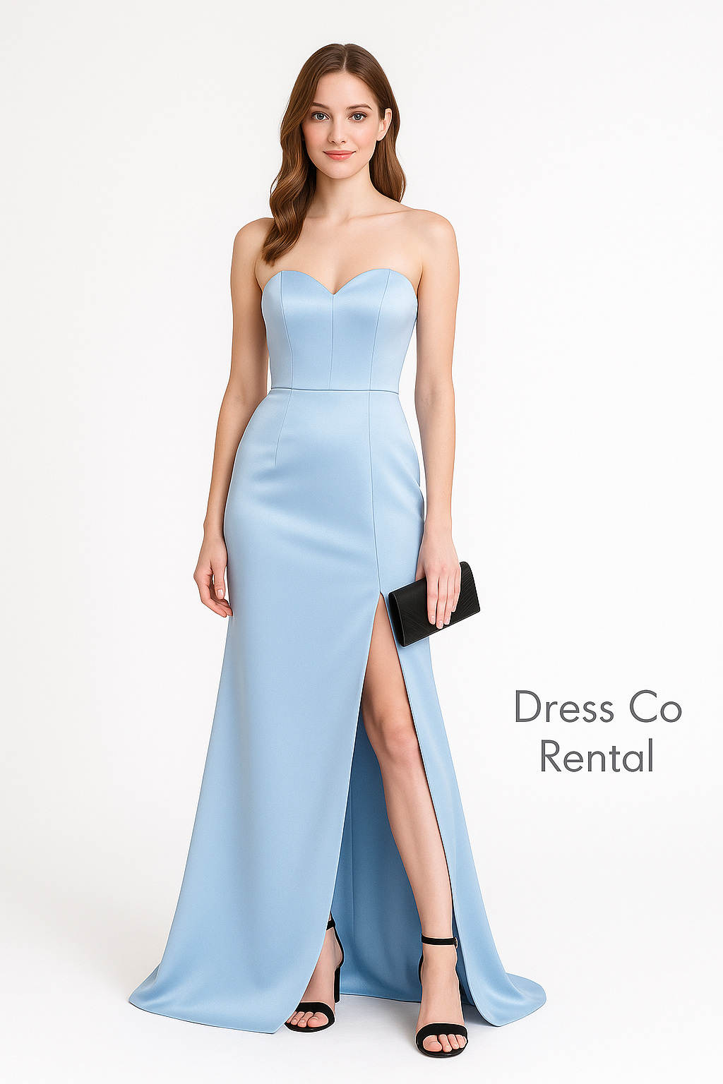 パステルブルーのスウィートハートネックライン、サイドスリットのイブニングドレス