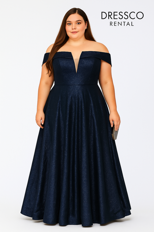 Navy Glitter Off-Shoulder Long Dress