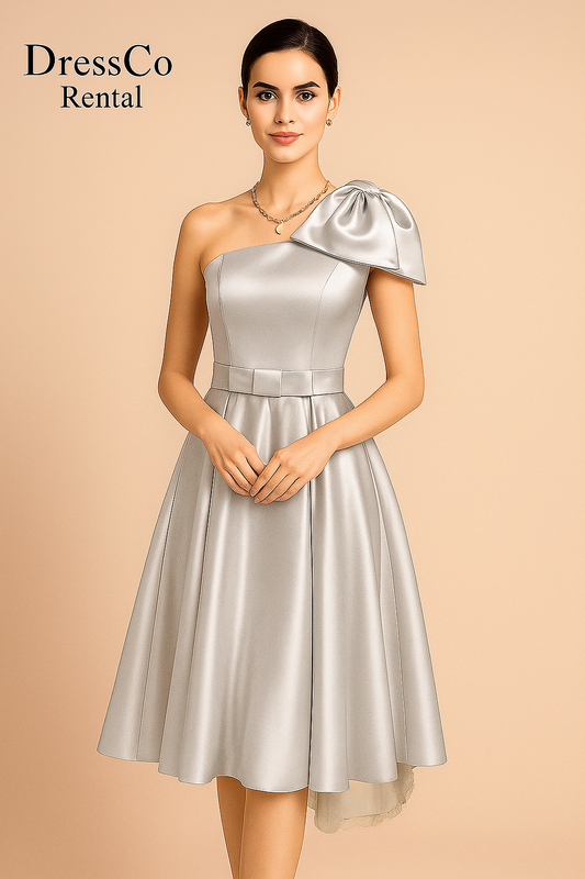 Lavender Satin One-Shoulder Dress with Bow Accent