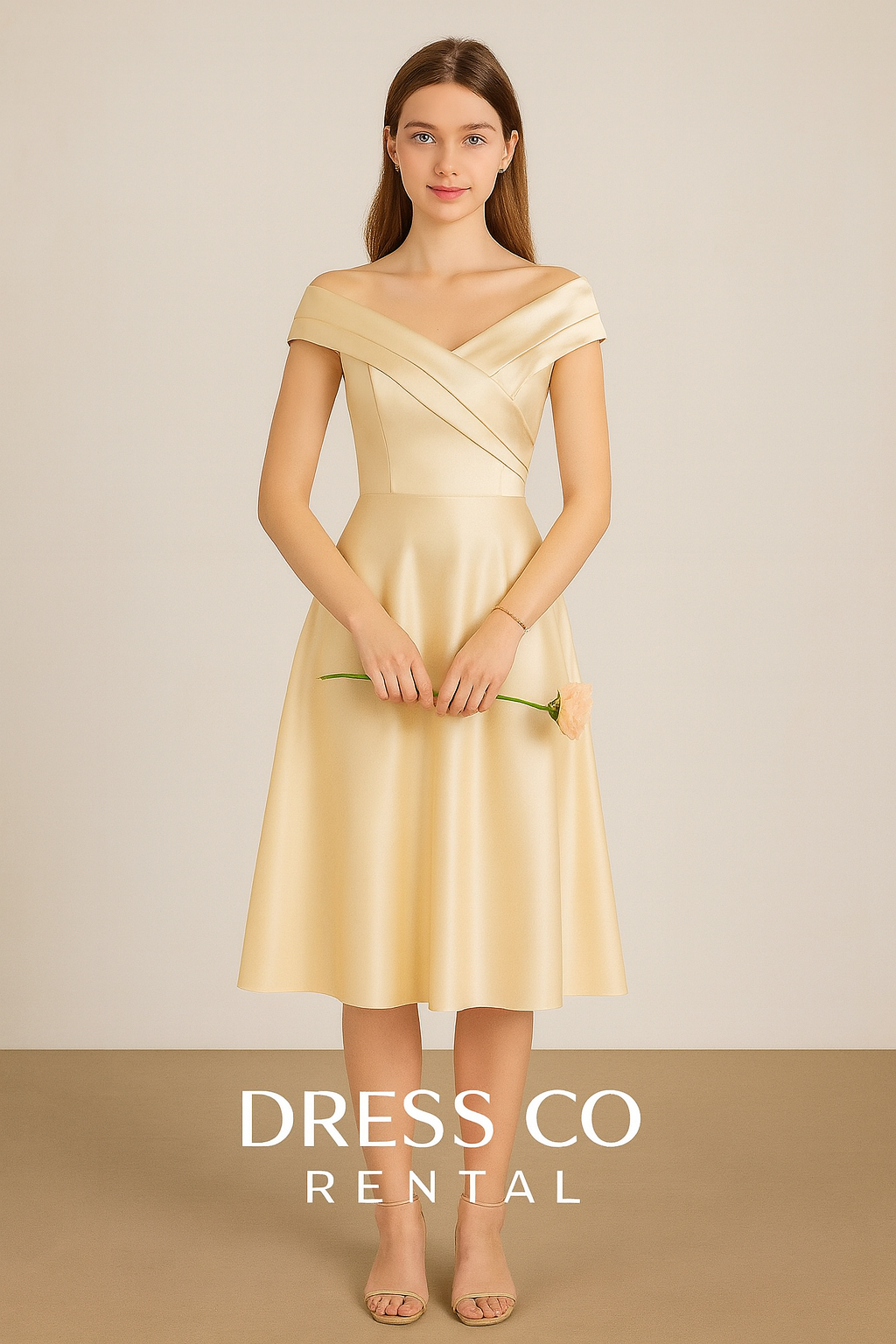 ชุดเดรสครีมคอปาด ไหล่เฉียง ทรงเอลไลน์ ผ้าซาตินหรู