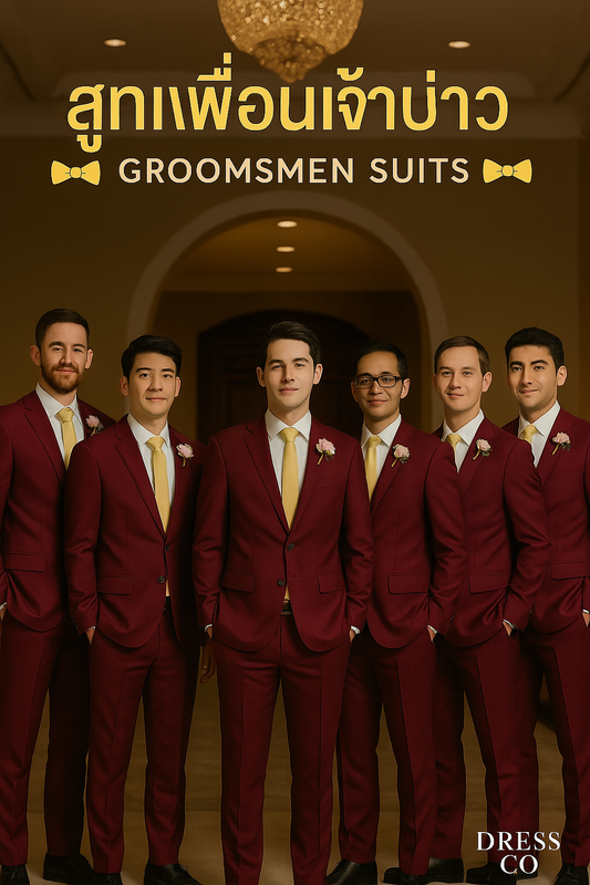 สูทเพื่อนเจ้าบ่าวสีแดงไวน์ ตัดใหม่ให้เช่า | Burgundy Groomsmen Suits for Rent