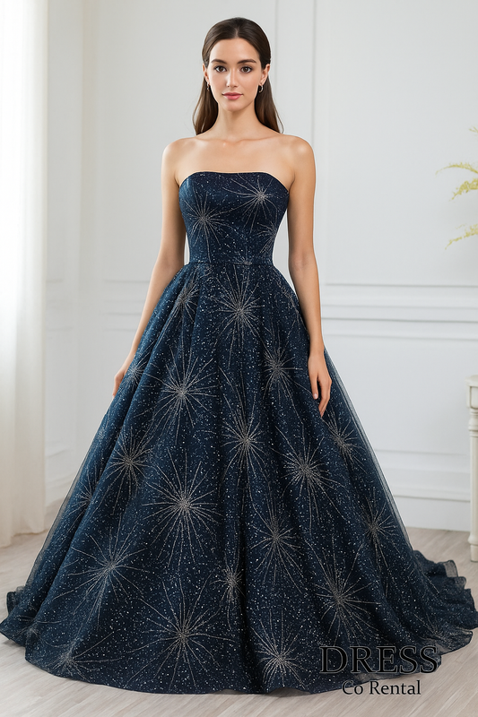Navy Starburst Glitter Ball Gown – ชุดราตรียาวสีน้ำเงินกลิตเตอร์ลายพลุ