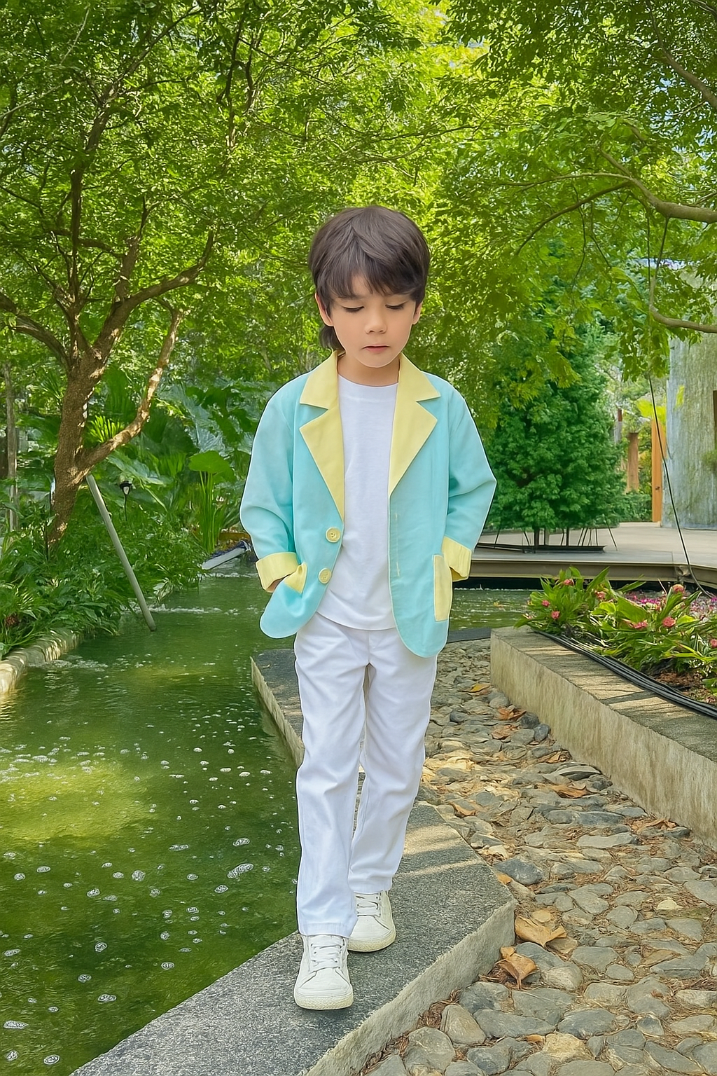 子供用スーツ、水色に白の縁取り（レンタル）