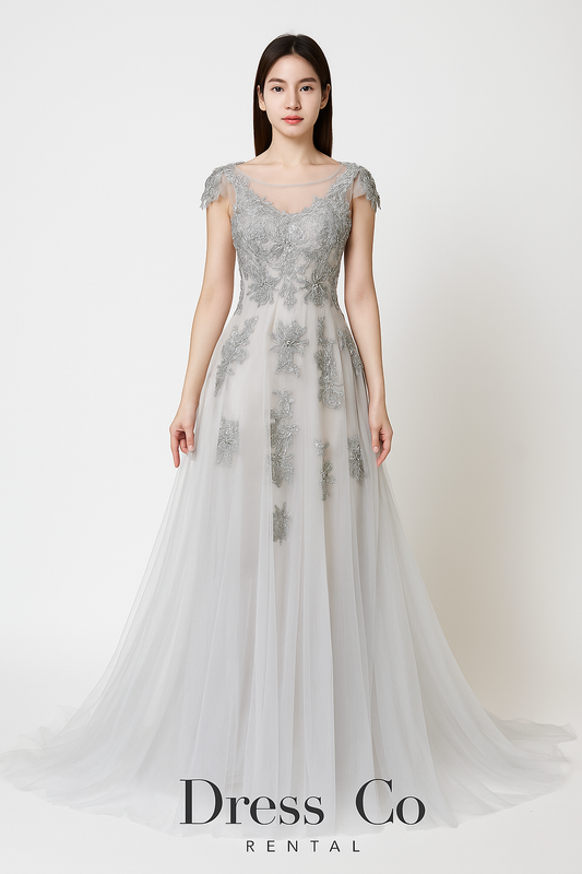 Silver Embroidered Floral Luxury Dress
