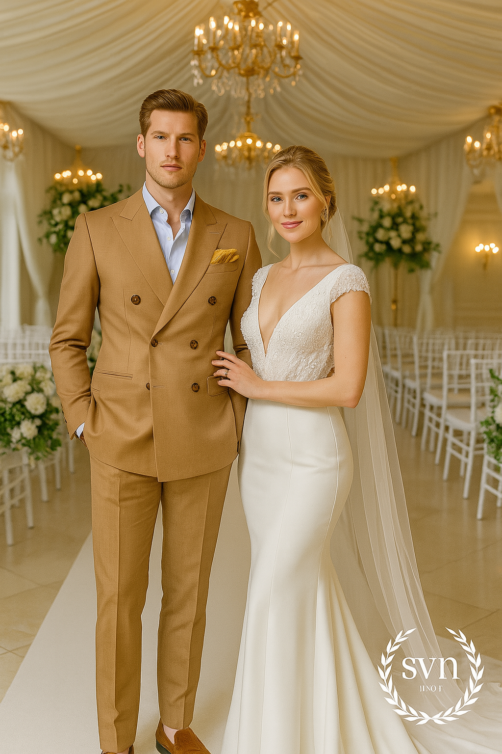 สูทเจ้าบ่าวเช่าตัดใหม่ สีคาราเมลทอง ทรงหรูหรา | Caramel Gold Groom Suit for Rent