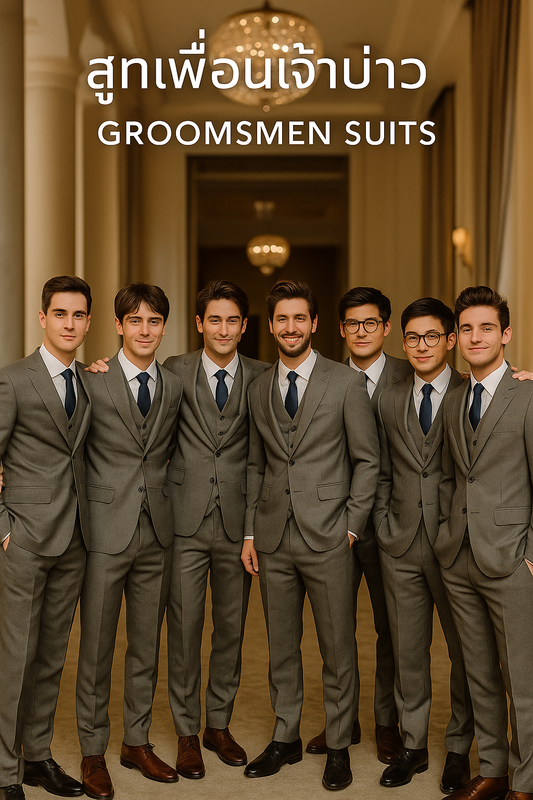 สูทเพื่อนเจ้าบ่าวสีเทาเข้ม ตัดใหม่ให้เช่า | Classic Grey Groomsmen Suits for Rent